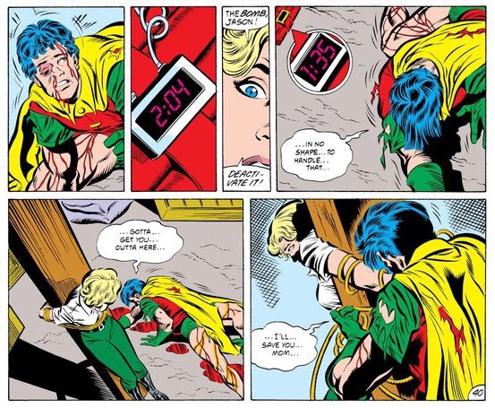 Jason's biological mother sells him out to the Joker, who then betrays her - being the Joker and all - leaving her to die along with Robin next to a classic red time bomb. But like I say, Jason survives, freeing his mother, who then tries to save him in turn.