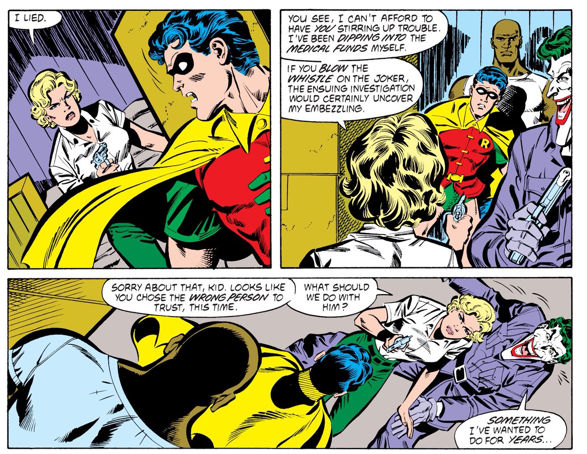 Jason's biological mother sells him out to the Joker, who then betrays her - being the Joker and all - leaving her to die along with Robin next to a classic red time bomb. But like I say, Jason survives, freeing his mother, who then tries to save him in turn.