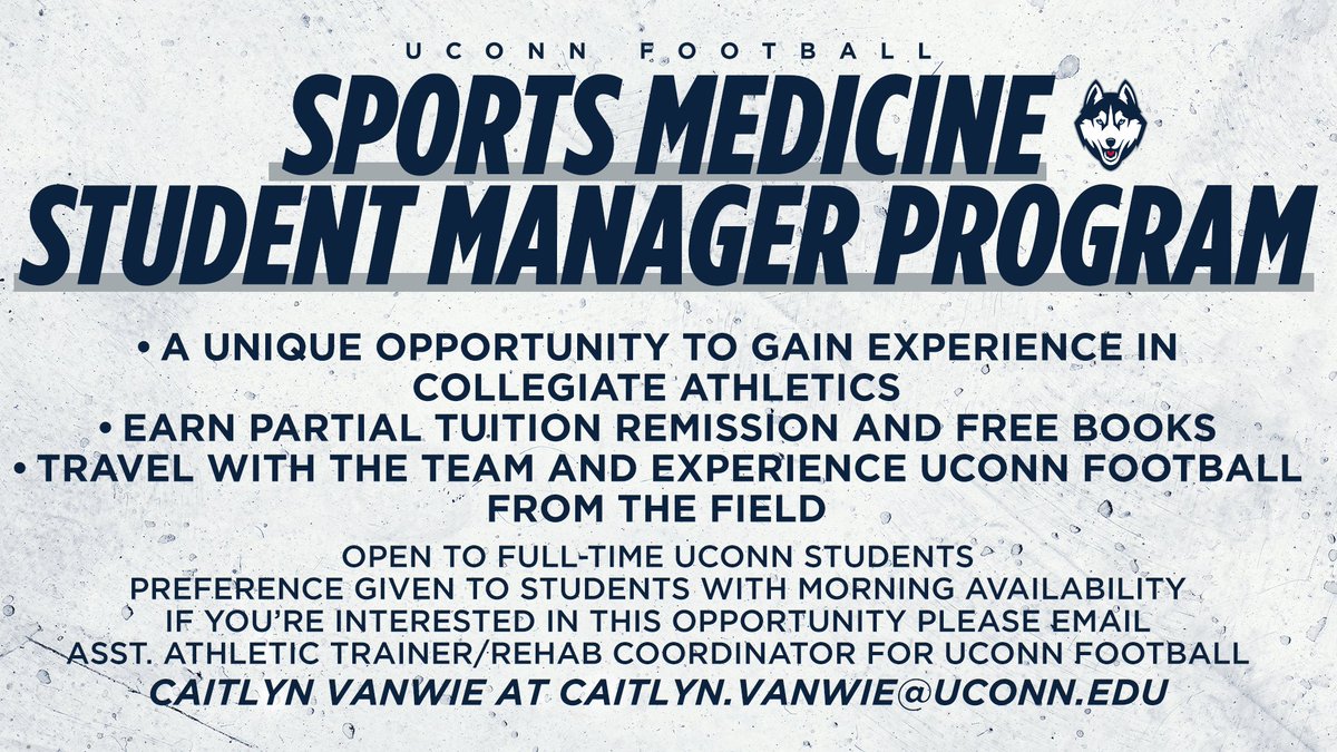 Check out the UConn Football Sports Medicine Student Manager Program! This program allows students to gain experience with UConn Football from the field! To learn more reach out to Caitlyn.VanWie@uconn.edu