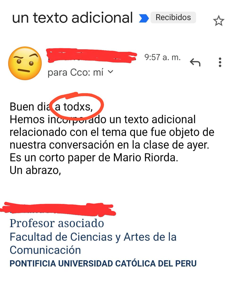 CcantoBuendia's tweet photo. Señores de @pucp , así es cómo sus profesores de posgrado destruyen la gramática española y difunden esa ideología en clase. Además,recomiendan ver "La Encerrona",se supone q nos deben enseñar estrategias de comunicación. ¿Qué estrategia vamos a aprender escuchando a Sifuentes? https://t.co/AlIufVBbyD
