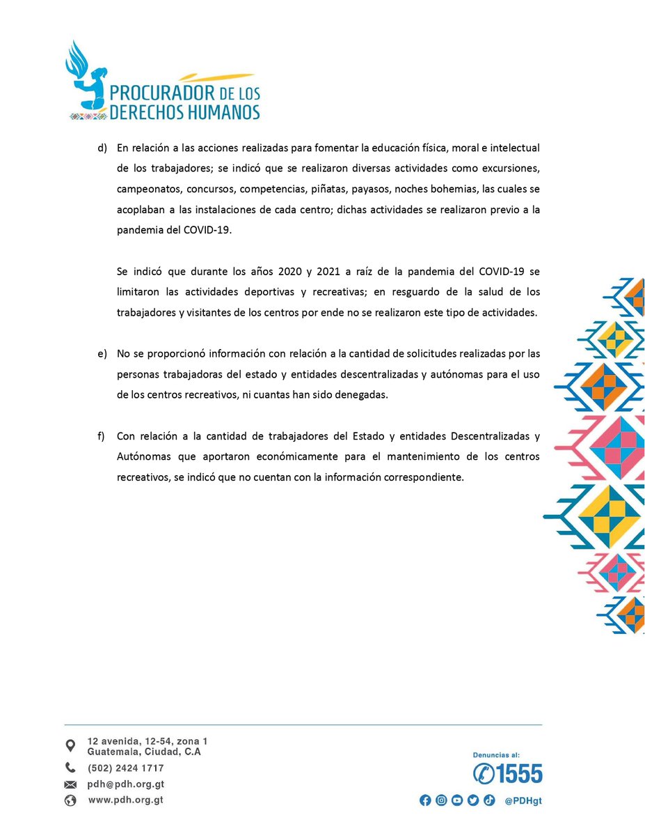 PDHgt's tweet photo. #HallazgosPDH #ConclusionesPDH y #RecomendacionesPDH de verificación del Funcionamiento del Programa de Recreación de los Trabajadores del Estado y las Instituciones Autónomas
https://t.co/NC93nM4KI2 https://t.co/b1lRgWyydQ