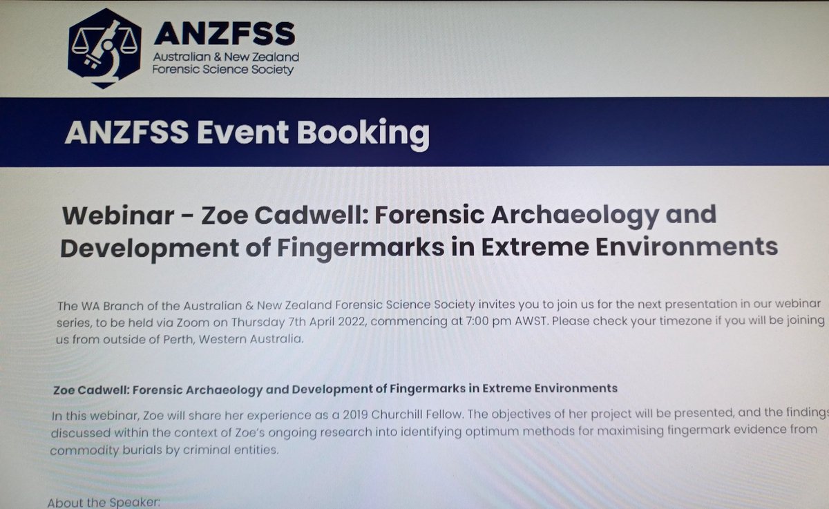 Thankyou to @ANZFSS_WA for inviting me to speak at your upcoming webinar. I am looking forward to discussing my @ChurchillFship findings and current research #churchillfellow2019 #forensicarchaeology #fingerprints @UOP_SCCJ_CFS