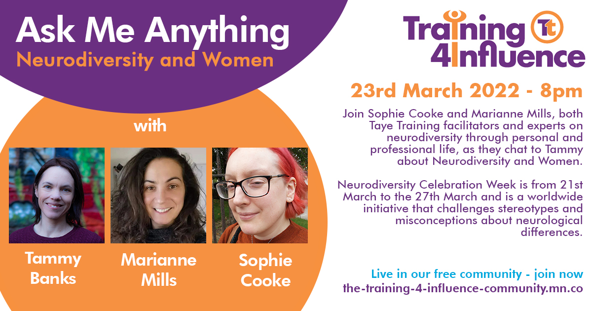 Our #AskMeAnything session is tonight and we're really looking forward to it - You won't want to miss this! 🧡

Register here bit.ly/3wfguv3 

#Training4Influence #Training #Neurodiversity #NeurodiversityCelebrationWeek2022  #NeurodiverseWomen #AMA