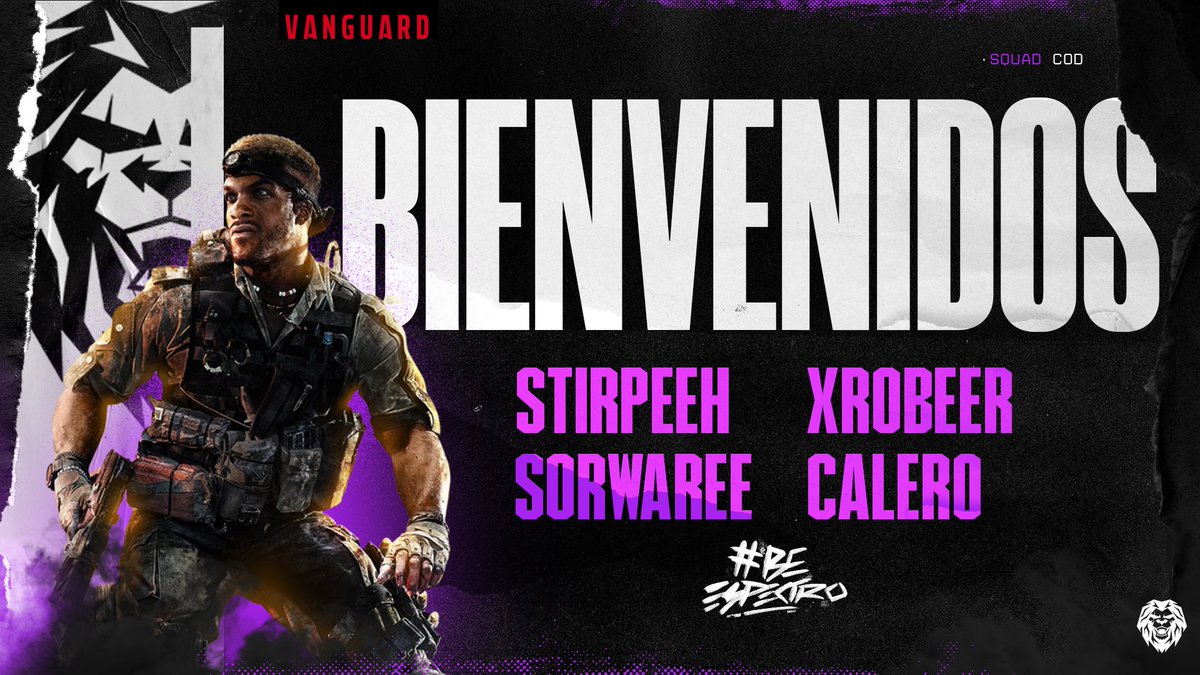 ¡Arrancan las presentaciones del nuevo <a href="/EspectroEC/">Espectro Esports™</a>! 👀

Estos serán los leones que defenderán nuestro escudo en #CallofDuty: 

<a href="/Sorwaree/">Kike</a> 
<a href="/Stirpeeh/">Javi🐾</a> 
@xRobeeer_ 
<a href="/CaleroDK/">Calero</a> 

¡Vamos con todo! 🤜🏾🤛🏾
Bienvenidos leones 👑

#BeEspectro 💜