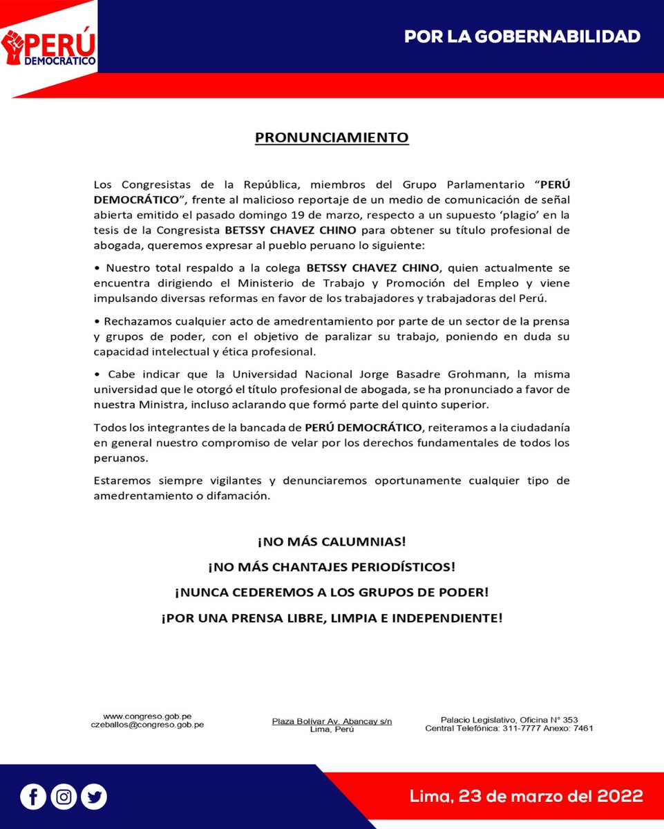 Peru_Democratic's tweet photo. 🔴Desde la Bancada Perú Democrático, respaldamos a nuestra colega Betssy Chavez , respecto a la denuncia de supuesto plagio en su tesis. Asimismo rechazamos cualquier acto de amedrentamiento por parte de un sector de la prensa. https://t.co/tvB584c4lv