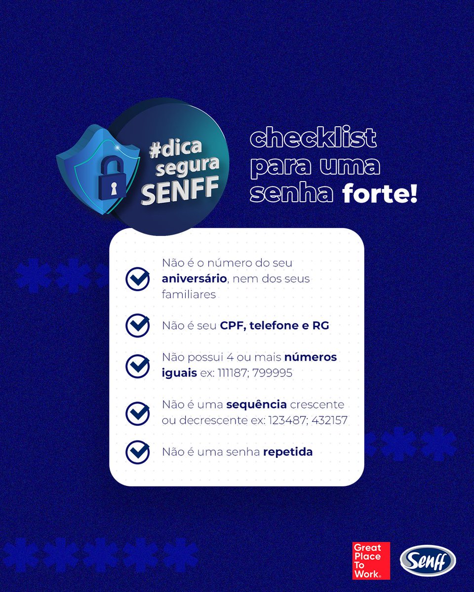 senff_oficial's tweet photo. Ter uma senha segura é essencial para prevenir fraudes e roubos de dados! 🔐

Por isso, na hora de fazer a sua senha do cartão e acesso ao aplicativo Senff, certifique-se de seguir todas as recomendações acima!

#senff #senha #senhasegura #app #cartãodecrédito https://t.co/bnyAaZGl9J
