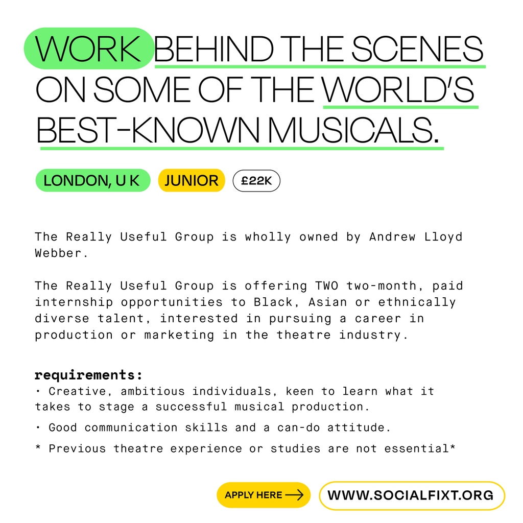 SocialFixt's tweet image. [NEW INTERNSHIP] The Really Useful group is hiring for their INTERNSHIP PROGRAMME!!

You will gain hands-on experience working mainly with the Marketing/Production &amp;amp; Licensing teams.

APPLY via l8r.it/Zdsz

#CreativeInternships #HireBlack