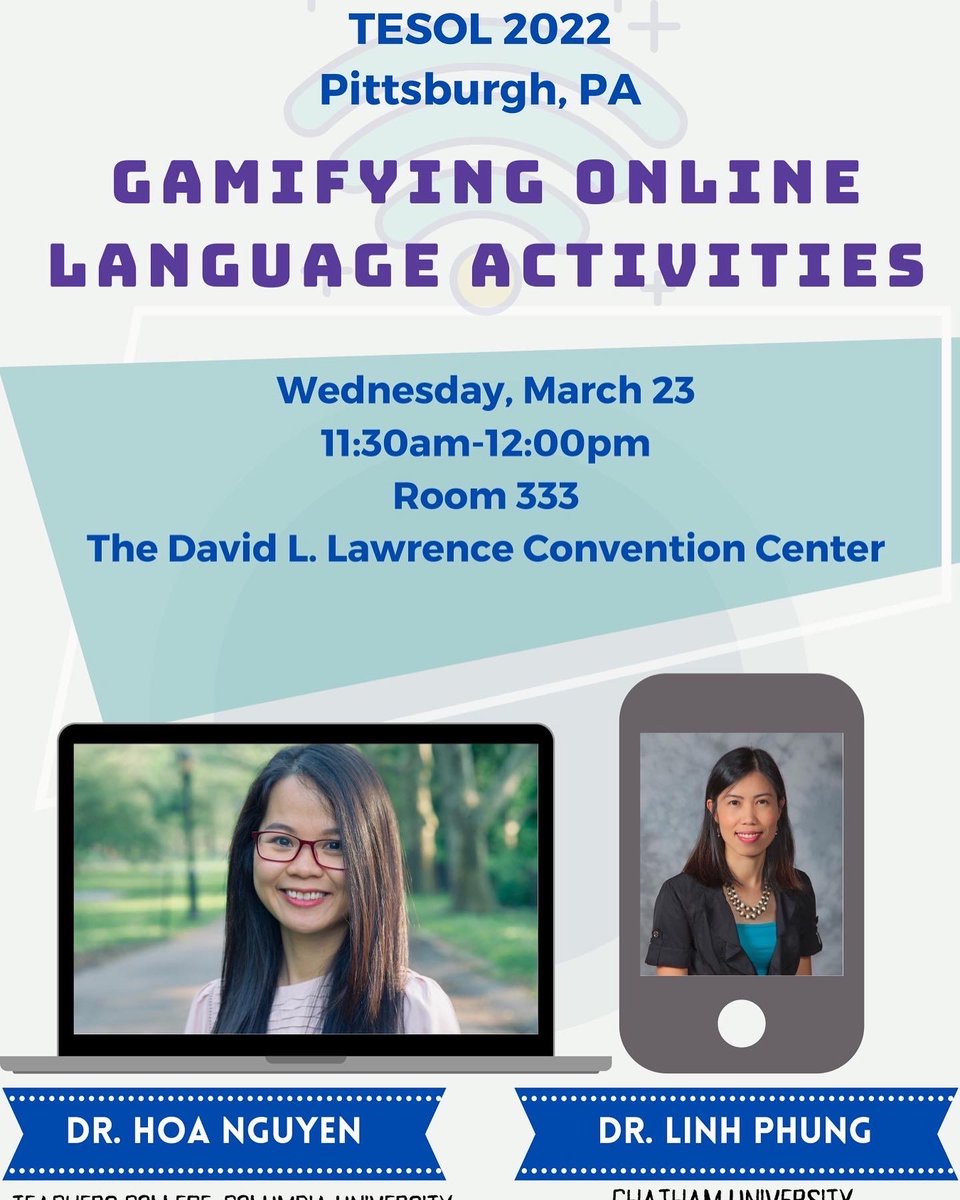 ColumbiaALTESOL's tweet photo. Happening now #TCatTESOL! #ALTESOLfaculty Dr. Hoa Nguyen presenting on gamification with Dr. Linh Phung! @NYSTESOL #TESOL2022 @TESOL_Assn https://t.co/1oQwAWGfkt
