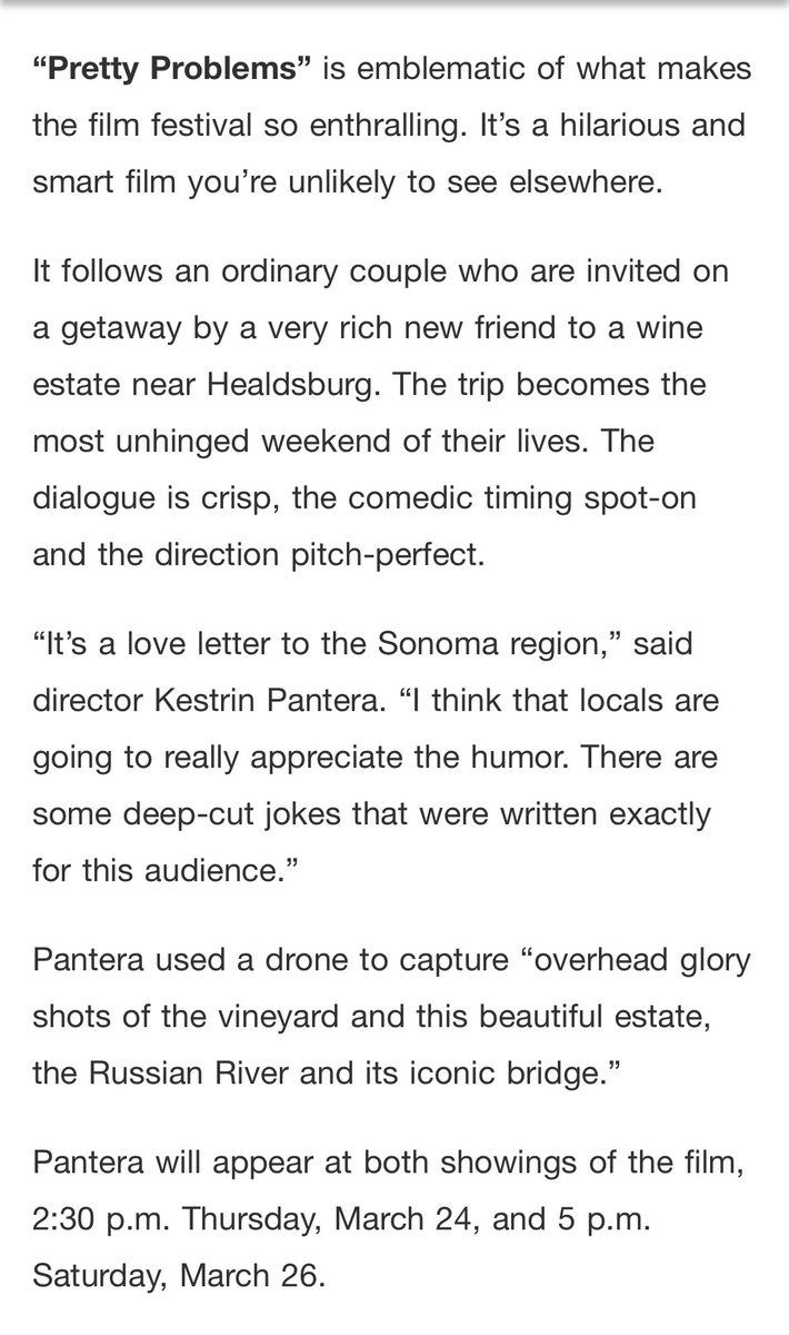 Excited to show PRETTY PROBLEMS in my homeland of California to audiences for the first time! Thanks for this great writeup, Michael Shapiro!