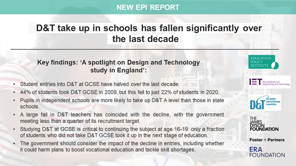 Report finds D&T take up in schools has fallen significantly over the last decade – warning of a continued decline without government intervention Read report bit.ly/3JzQMoX #designandtechnology #foundationdyson #EduPolicyInst #TheIET #FosterPartners #theERAF #DTassoc