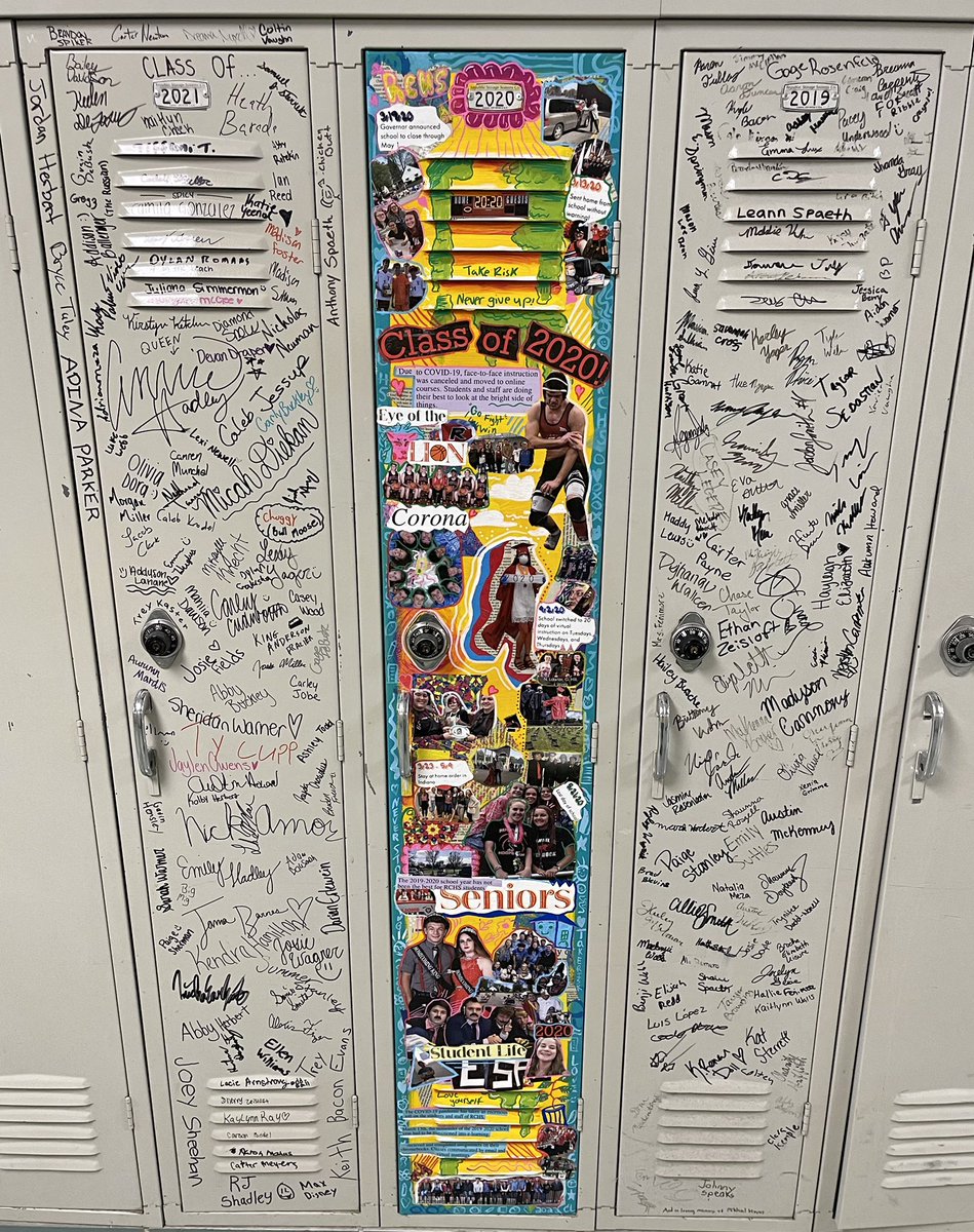 rhadley67's tweet photo. Dana Durbin, freshman, suggested this to me in early January. “I saw that the 2020 locker only had "2020" written at the top. I thought… an amazing artist… Cora Legere… could create a mural to commemorate the year of 2020.”

Mike Owens installed it today!
@DanaDurbinn https://t.co/8CcQipBHPl