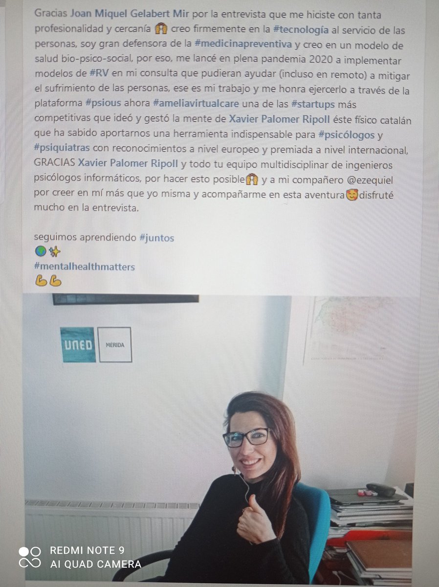 MercedesGaln's tweet photo. Creo firmemente en la #Tecnología✨ al servicio de las #personas💫 gracias por pensar en mí para la entrevista🥰 es un honor formar parte de este proyecto tan innovador y disruptivo🤗(no limits!💪 )
#MentalHealthMatters
#psious
#ameliavirtualcare
#psychology https://t.co/HjeUe2lhtm