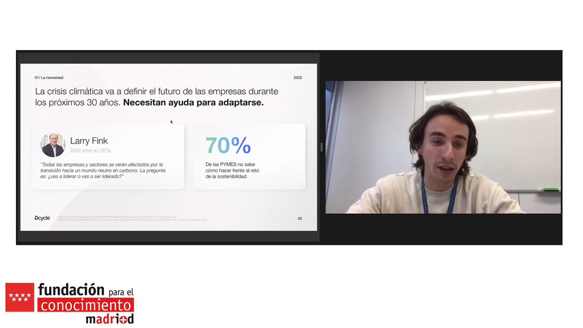 madrimasd's tweet photo. Presenta Juanjo Mestre, CEO de @dcycle_io, plataforma que permite medir, mejorar y comunicar el impacto ambiental de las PYMEs.
#redmentoresmadrimasd #Dcycle https://t.co/ZONnb7nmAe