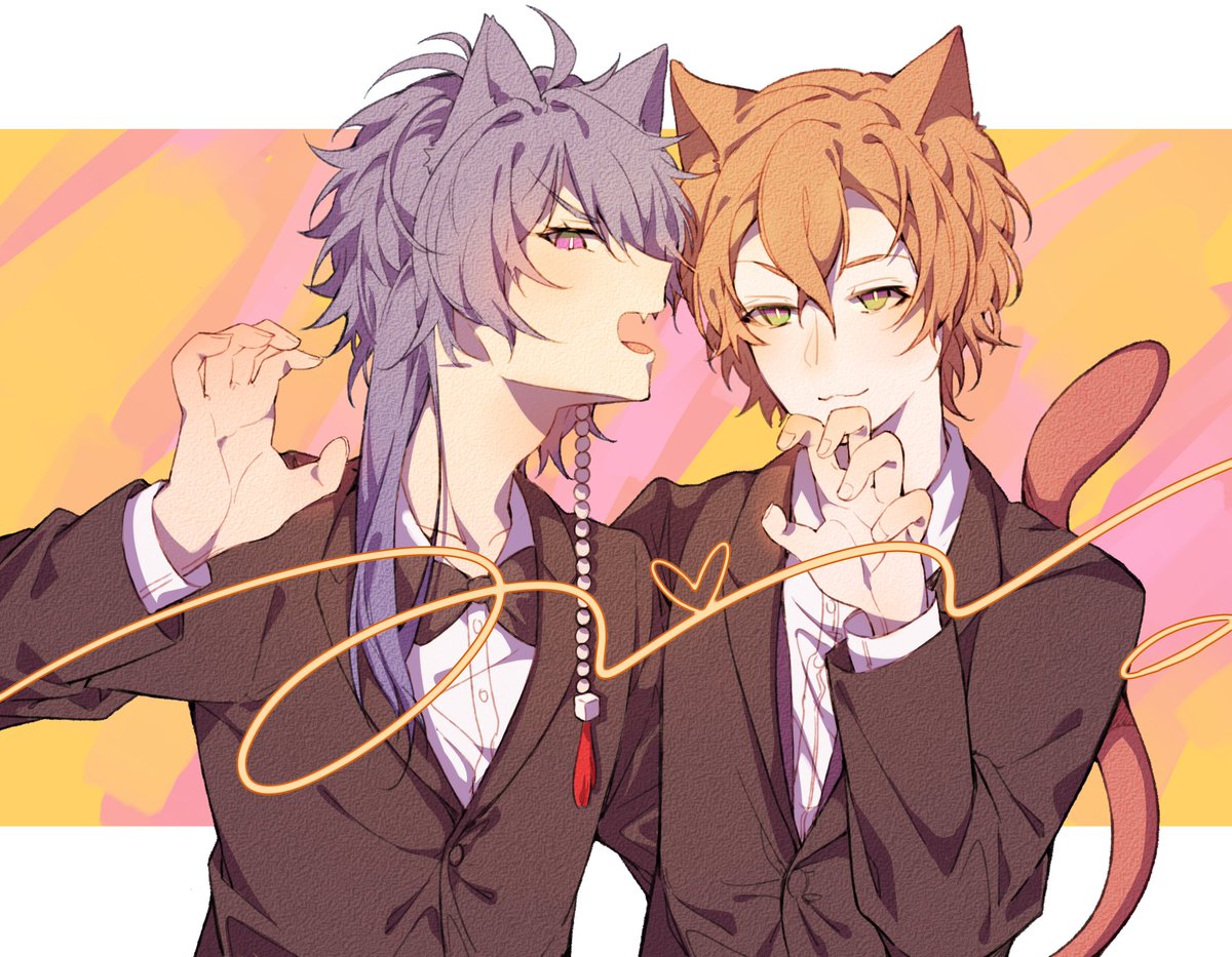 multiple boys 2boys animal ears male focus cat ears tail purple hair  illustration images