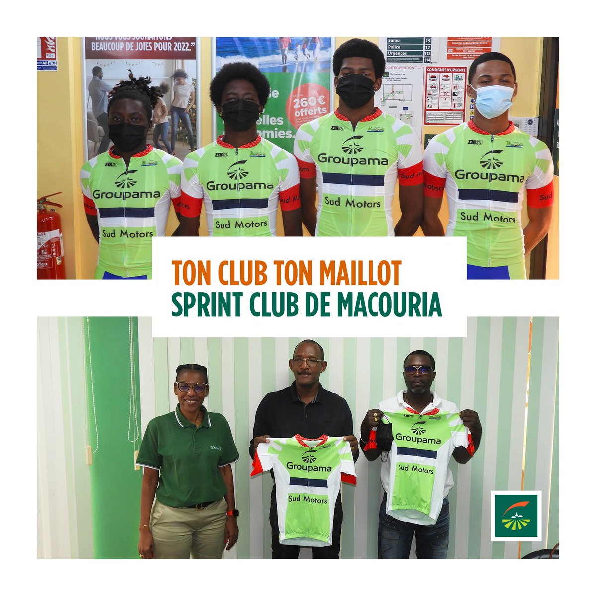 GroupamaAG's tweet photo. La présidente de la Fédération de Guyane, Mme @SabrinaHight, a eu le plaisir de remettre des maillots personnalisés au Sprint Club de Macouria dans le cadre de l'opération #TonClubTonMaillot 🥳
Un beau cadeau pour accompagner nos jeunes cyclistes sur les routes. 🚴🥰 https://t.co/1VQTXu8Jbf