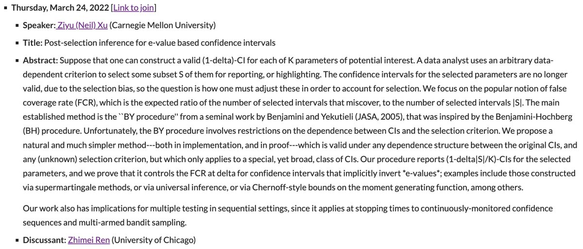 #ISSI This Thursday (8:30AM PT) we will have Neil Xu talking about “Post-selection inference for e-value based confidence intervals” (joint w/ Prof. Aaditya Ramdas &amp; Prof. Ruodu Wang), followed by a discussion by Dr. Zhimei Ren <a href="/RenZhimei/">Zhimei Ren</a> 

selectiveinferenceseminar.com