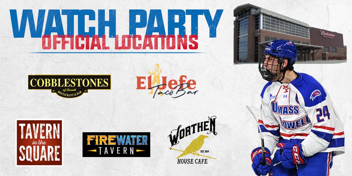 RiverHawkNation's tweet photo. Can't make it to Loveland? Don't want to watch the big game at home by yourself? 
Catch the @RiverHawkHockey NCAA First Round game vs. Denver Thursday at 9pm ET at one of our official watch party locations! 
#UnitedInBlue https://t.co/F90gRVVwZf