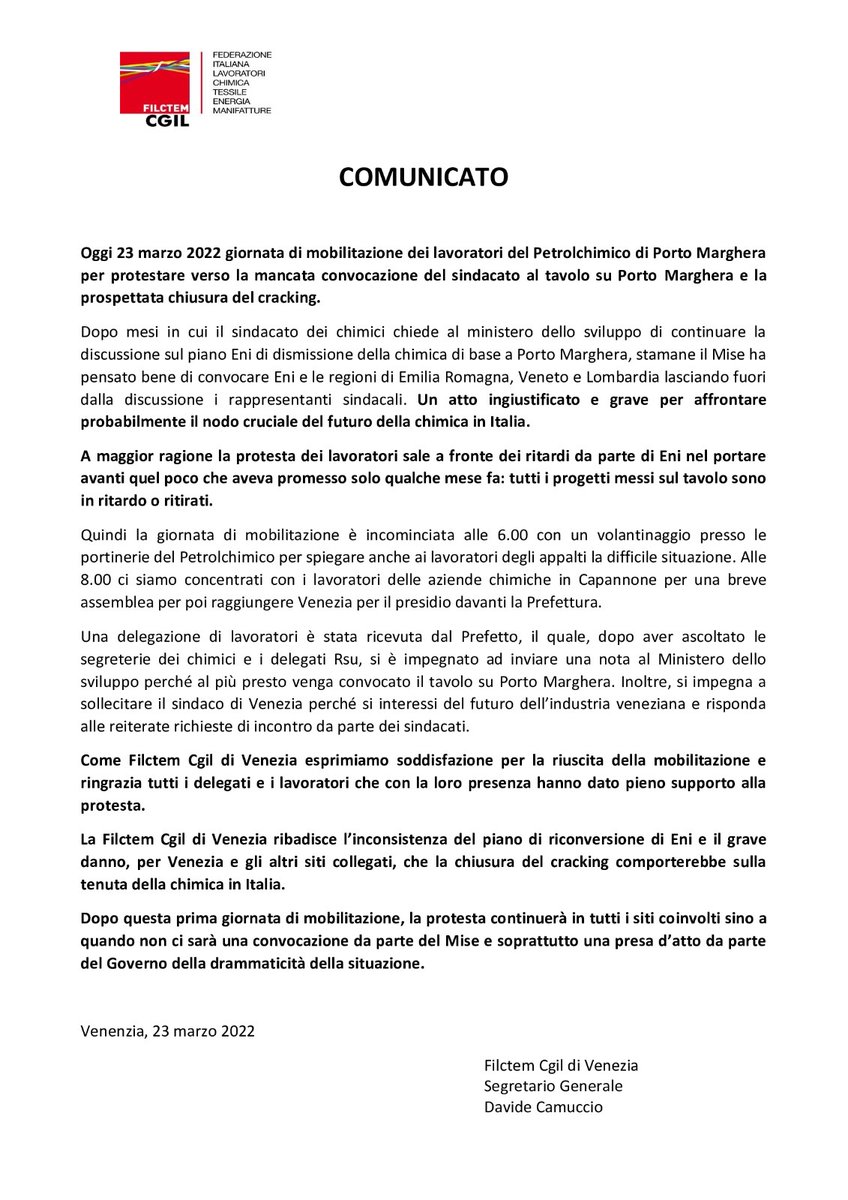 FilctemVe's tweet photo. I sindacati si mobilitano contro la chiusura del #cracking #Eni #Mise https://t.co/aTwXvBMgGD