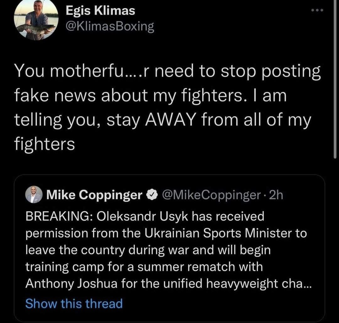 fighthooknews's tweet photo. Egis Klimas Manager of Lomachenko and Oleksandr Usyk has came at ESPN Reporter Mike Coppinger for spreading Fake New. About Usyk leaving Ukraine 🇺🇦 for a rematch with Anthony Joshua. #fighthooknews #teamusyk #teamlomachenko #espnboxing https://t.co/F7OHaHUUuG