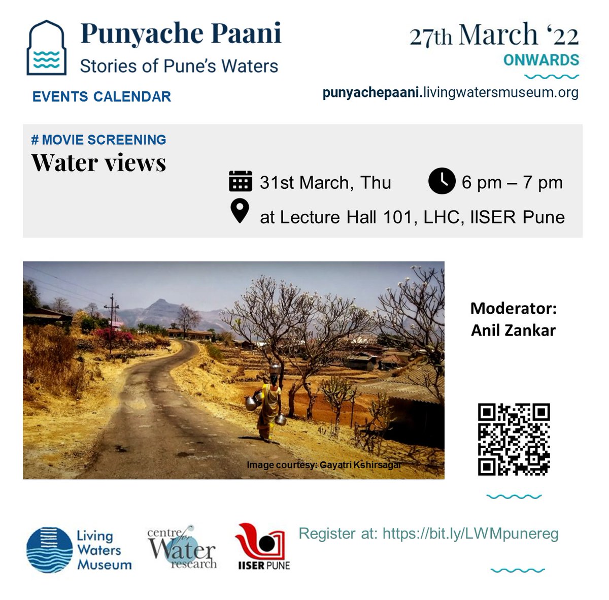 We are joined by artists - as they explore waters through movement and emotions.
Movie screening - Mar 31, at LHC 101, IISER Pune at 6 pm. Register at bit.ly/LWMpunereg

Performing Arts - 2 Apr, at Shaktuntala Jagannath Shetty auditorium, Erandwane at 5 pm. 
Open to all.