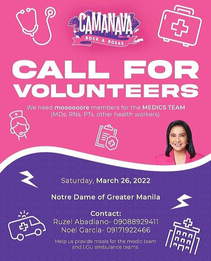 We need help: Volunteers, ambulance team, tents, medical supplies. 

Ipakita natin sa mga titindig sa CAMANAVA na habang lumalaban sila, priority rin ang kaligtasan at kalusugan nila. #CAMANAVAisPink