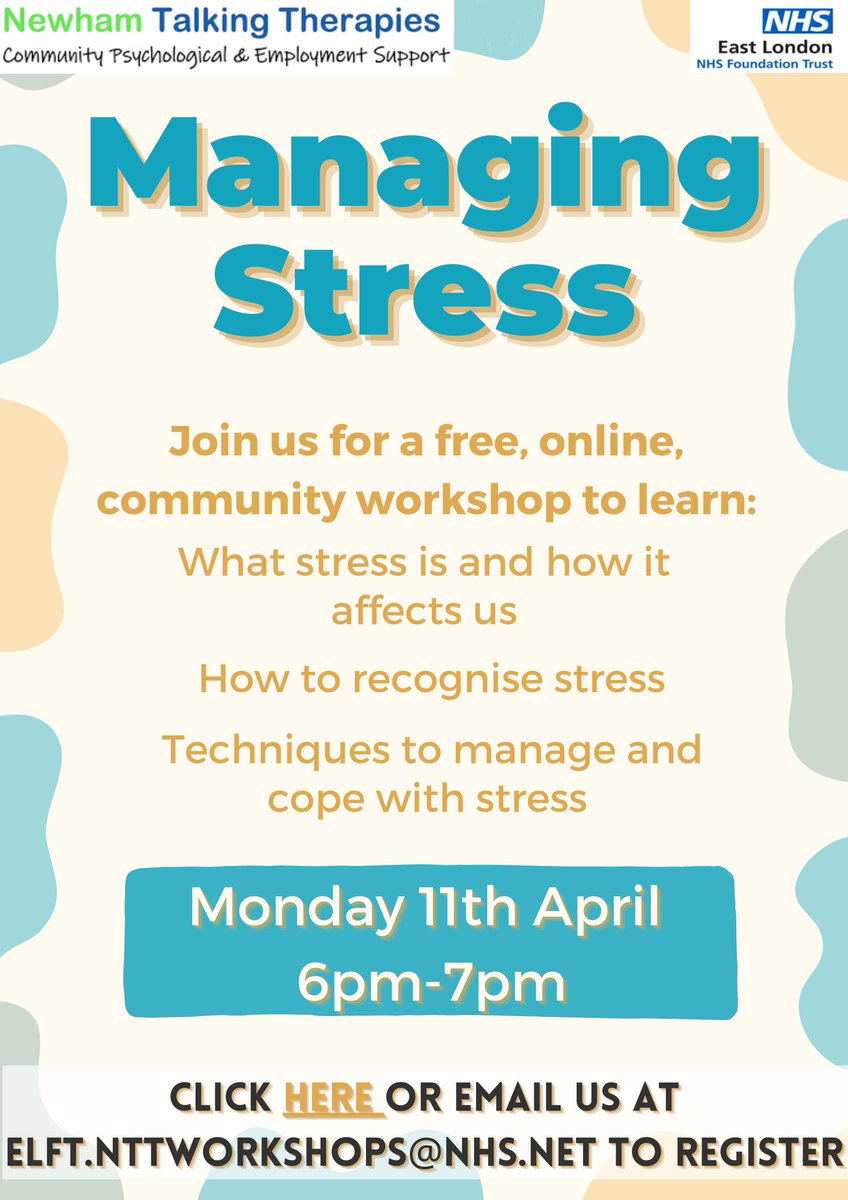 Good afternoon everyone, we hope you're getting the chance to enjoy the weather ☺️
Next month is #StressAwarenessMonth and we will be running an online workshop to give you tips and strategies to manage it. 
Click the link to book yourself in: forms.office.com/r/Ax9JznEKL