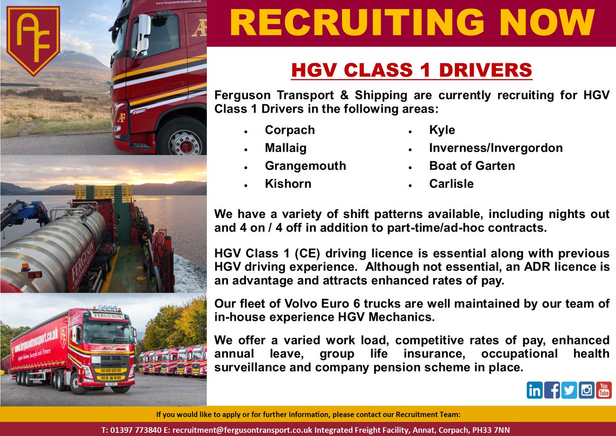 🚛 𝗝𝗼𝗶𝗻 𝗼𝘂𝗿 𝗧𝗲𝗮𝗺 🚛

We are currently recruiting for HGV Class 1 Drivers to join our team. 

For more info or to apply, please call 01397 773840 or email recruitment@fergusontransport.co.uk

#fergusontransport #hiring #vacancies #recruitmentjobs #recruitment #nowhiring