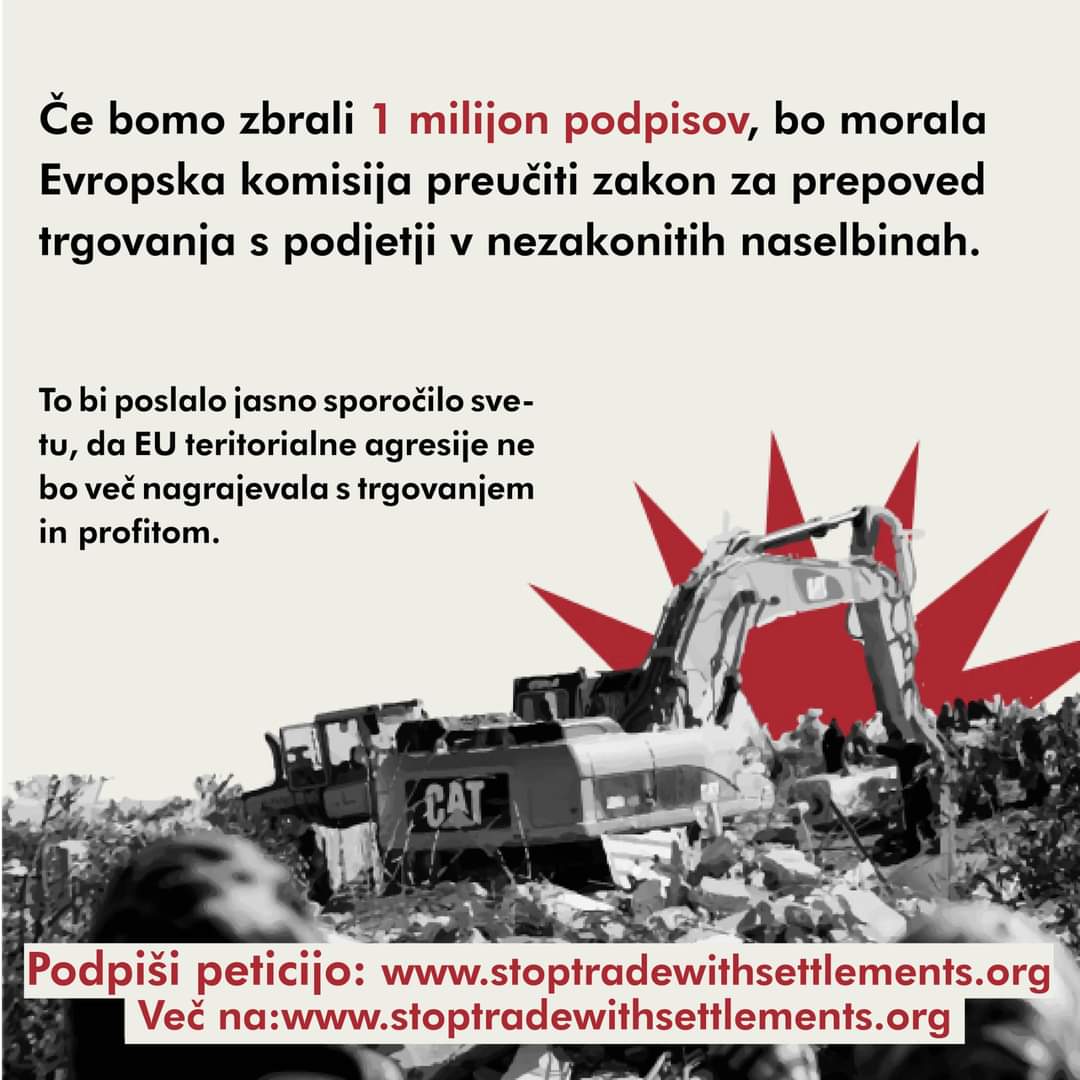 📢Evropska državljanska pobuda za prepoved uvoza izdelkov iz nezakonitih naselbin 📢 PODPRI POBUDO ZDAJ!
Izraelski režim apartheida in osvajanja palestinske zemlje utrjuje tudi sodelovanje EU z nezakonitimi naselbinami. stopsettlements.org/slovenian/
#stoptradewithsettlements