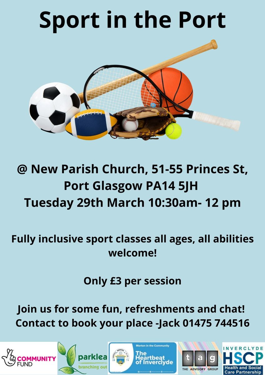 Some exciting opportunities coming to Port Glasgow. 

Parklea Branching Out are working in partnership with Morton in the Community to hold fully inclusive sports classes 

Sessions are £3 Contact Jack on 01475 744516 to book a place