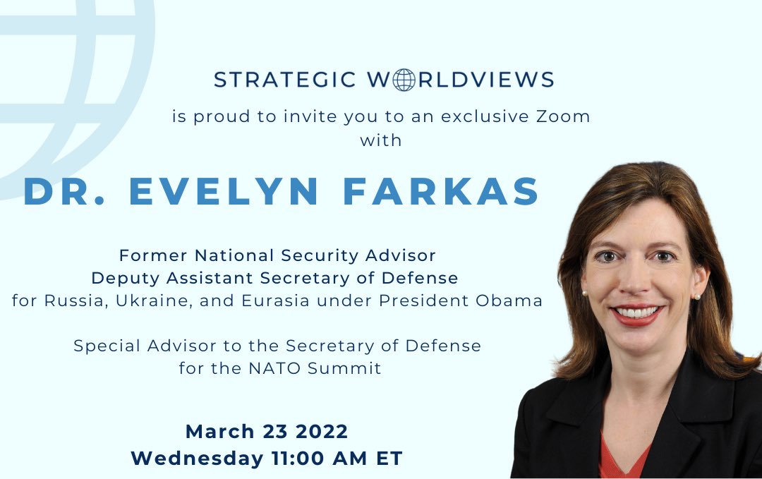 Today out economic platform “Strategic Worldviews” had special guest &amp; National Security expert 
<a href="/EvelynNFarkas/">Evelyn Farkas</a> and her views on #UkraineRussianWar were incredibly timely and insightful!
Thank you 
<a href="/32Advisors/">32 Advisors</a> 
<a href="/Scaramucci/">Anthony Scaramucci</a> 
<a href="/NirelLevi/">Nirel Levi</a>