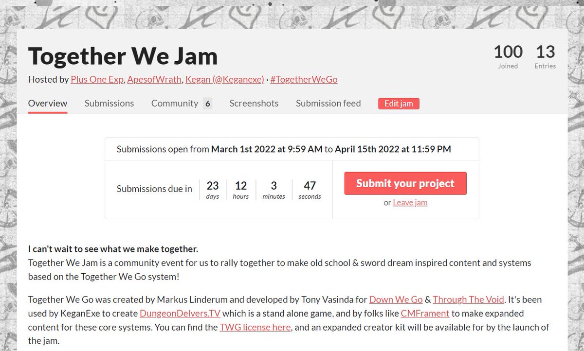 plusoneexp's tweet photo. We hit 100 Folks interested in Together We Jam!
TWJ is a game jam for #osr or #sworddream games inspired by or built around the #TogetherWeGo system by @ApesofWrath_RPG & Tony.
We're extending the jam by 2 weeks to give folks more time! https://t.co/5Pdegn50KT #ttrpg https://t.co/i0LuYWNd55