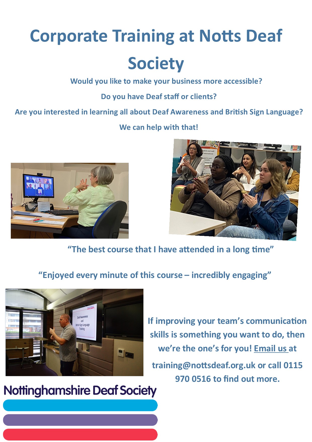 Nottinghamshire Deaf Society on Twitter: "Do you want to make your business  more accessible? Would you like to improve yours and your companies communication  skills? Then we're the place for you! Email