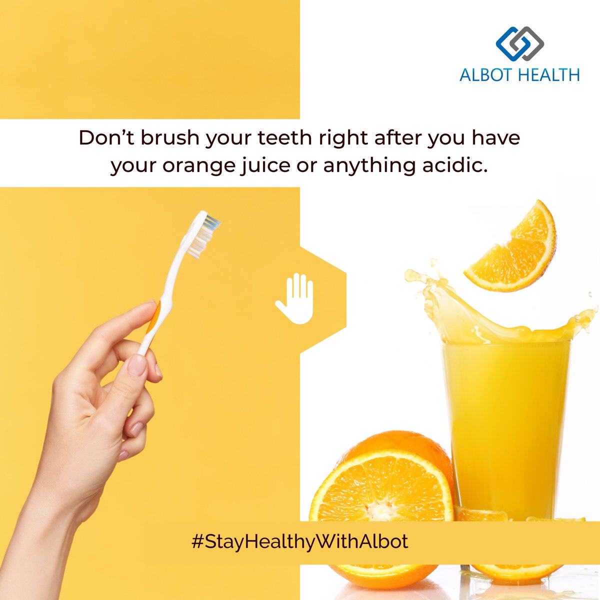 AlbotHealth's tweet photo. When you consume something acidic, it attacks your enamel. Brushing right after you have an orange juice, bread or citrus fruit can remove the enamel and further damage your teeth. Wait for 30-60 minutes before brushing.
#StayHealthyWithAlbot #AlbotHealth #TipOfTheDay https://t.co/LijAJKSkzY