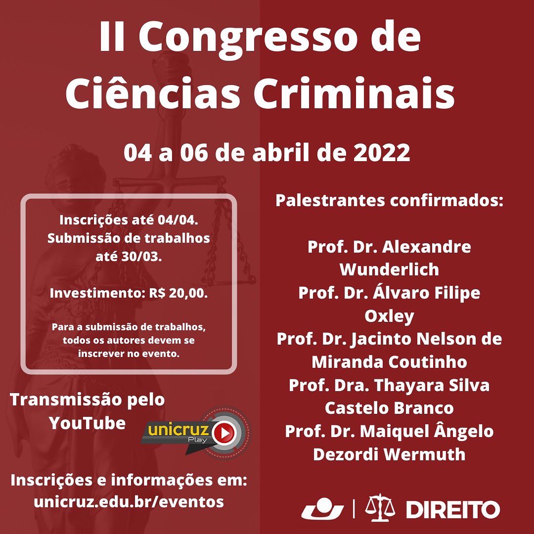 A_Wunderlich's tweet photo. Seguindo a tradição do meu querido amigo e Professor Luiz Luisi, que tanta falta faz e que tantos penalistas reuniu em Cruz Alta-RS, o Professor Luís Gustavo Durigon segue com o evento de ciências criminais na UNICRUZ. https://t.co/vllXBWW7bQ