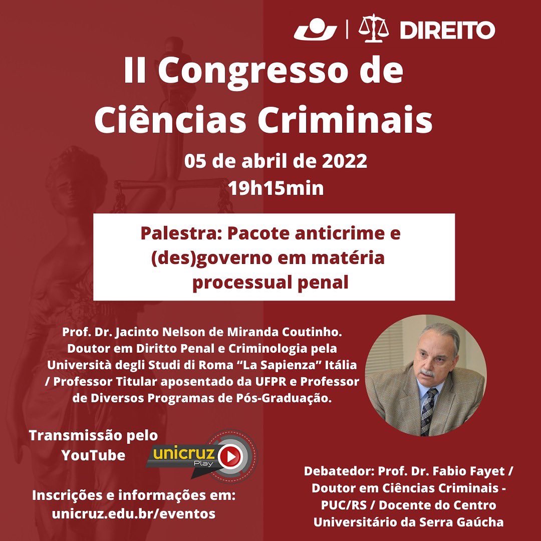 A_Wunderlich's tweet photo. Seguindo a tradição do meu querido amigo e Professor Luiz Luisi, que tanta falta faz e que tantos penalistas reuniu em Cruz Alta-RS, o Professor Luís Gustavo Durigon segue com o evento de ciências criminais na UNICRUZ. https://t.co/vllXBWW7bQ
