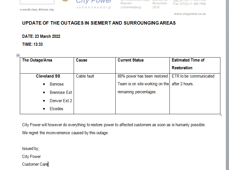 CityPowerJhb's tweet photo. #JourgUpdates #Siemert
88% power has been restored. Team on site working on the remaining percentages.^LP https://t.co/k1RnSBM18A