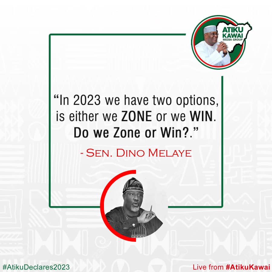 azarejamila's tweet photo. "In 2023, we have two options, is either we ZONE or we WIN. Do we Zone or Win?

~ Dino Melaye

#AtikuDeclares2023 https://t.co/9LQiV7Afr7