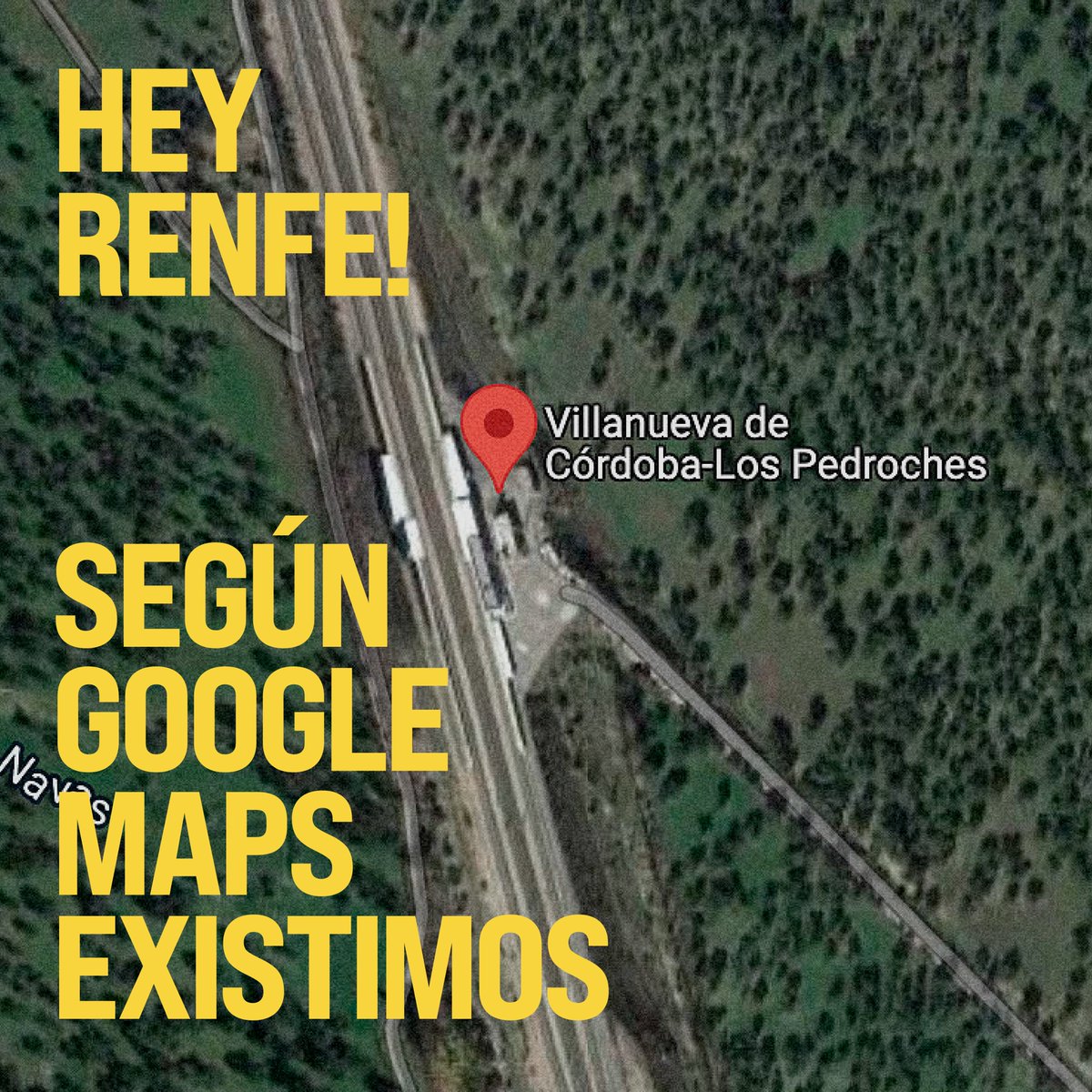 Hey <a href="/renfe/">Renfe</a>!

Según Google Maps existimos. ¡Ayer en nuestra cuenta de <a href="/instagram/">Instagram</a> cientos de personas hablaron!

#TrenEnLosPedroches
<a href="/sipasaquepare/">Si pasa, que pare</a>
<a href="/mitmagob/">Pol</a> <a href="/mitecogob/">Transición Ecológica y Reto Demográfico</a> <a href="/AndaluciaJunta/">Junta de Andalucía</a> <a href="/marifrangr/">Marifran Carazo</a> <a href="/CarmenCrespoPP/">Carmen Crespo</a> <a href="/Patricia_Pozo_/">Patricia del Pozo</a> <a href="/raquelsjimenez/">Raquel Sánchez</a> 
<a href="/cordopolis_es/">CORDÓPOLIS</a>