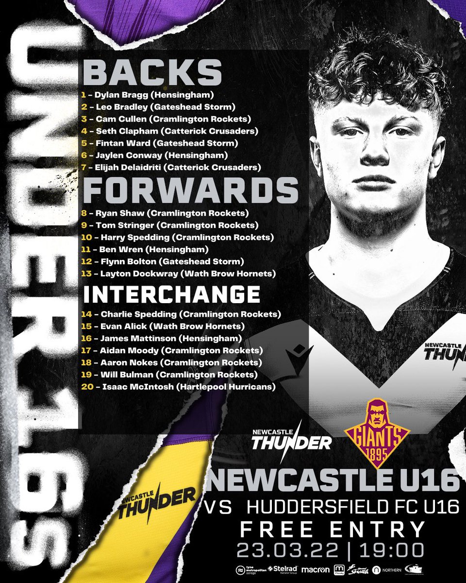 The team news is out for tonight’s u16 academy game vs Huddersfield Giants Kick off at Kingston Park is at 7pm and entry is Free via the tap and tackle in the East stand #ThunderAcademy