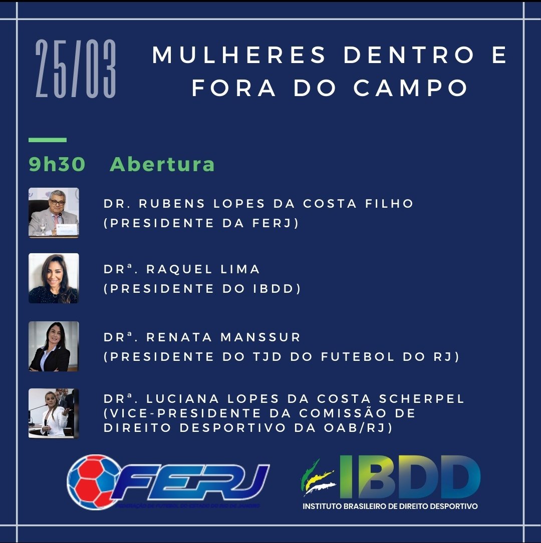 FFERJ's tweet photo. No próximo dia 25 de março, a FERJ e o IBDD realizarão o evento “Mulheres Dentro e Fora de Campo”, no encerramento do mês da Mulher. O evento será realizado de maneira híbrida e transmitido ao vivo no YouTube da FERJ.
Confira a programação!
#IBDD
#NossoIBDD
#mulheresnoesporte https://t.co/m6sBI0xgOW