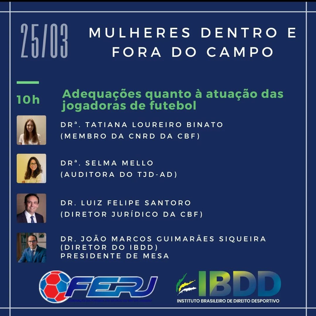 FFERJ's tweet photo. No próximo dia 25 de março, a FERJ e o IBDD realizarão o evento “Mulheres Dentro e Fora de Campo”, no encerramento do mês da Mulher. O evento será realizado de maneira híbrida e transmitido ao vivo no YouTube da FERJ.
Confira a programação!
#IBDD
#NossoIBDD
#mulheresnoesporte https://t.co/m6sBI0xgOW