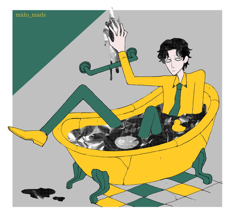 bathtub 1boy male focus necktie solo black hair shirt  illustration images