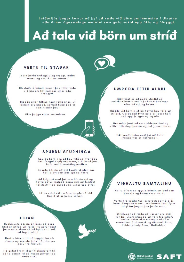 Á saft.is er hægt að nálgast fræðsluefni um hvernig tala megi við börn um stríð eða önnur ógnvænleg málefni sem geta vakið upp ótta og óöryggi.