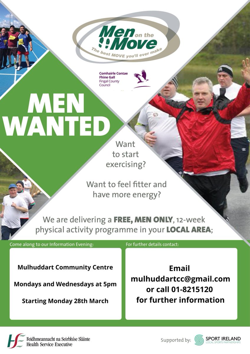 We are delighted to announce that our Men On The Move programme is recommencing this spring in @mulhuddartcc, starting Monday 28th March at 5pm. For more information contact the community centre through the details on the poster. @Fingalcoco #ActiveFingal #MenOnTheMove