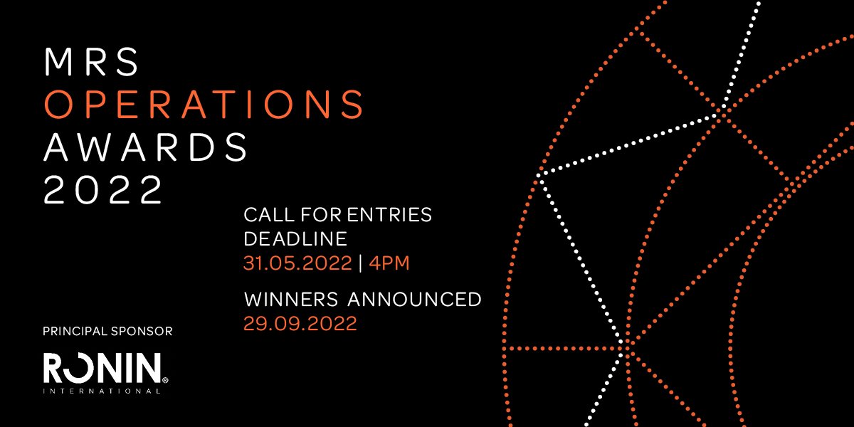 TweetMRS's tweet photo. The MRS Operations Awards 2022 are open for entries! Brought to you this year thanks to Principal Sponsor @RONINdata and including new catgeories for Viewing Facilities and Sustainable Operations. Enter by 31 May. https://t.co/kgQLTQZkaK #Oppies https://t.co/Urew6W1ItE
