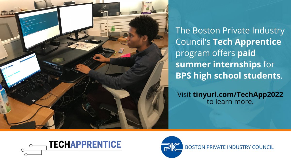 MassTLC's tweet photo. .@BostonPIc's Tech Apprentice program pairs BPS high school students w/ paid summer internships. By hiring talented &amp; skilled Boston youth, you can help students gain valuable awareness, exploration, and exposure to well-paying tech careers. 👉 Learn more: https://t.co/K49gx6vSz7 https://t.co/tQhrlsROvn