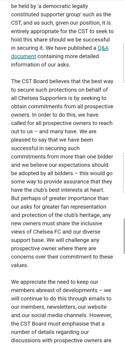 WeAre_TheShed's tweet photo. An open letter from @ChelseaSTrust to its members...

The CST are helping to ensure this club goes to the right people &amp; trying to ensure fan involvement. Full stop. They are acting with nothing but the best intentions &amp; should be applauded for their work at this critical time 👏 https://t.co/wcy945Vzfb
