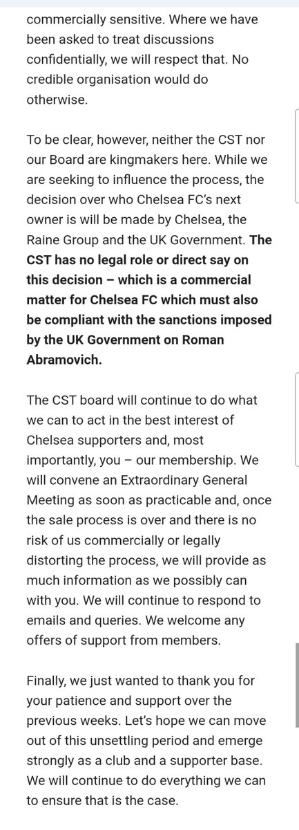WeAre_TheShed's tweet photo. An open letter from @ChelseaSTrust to its members...

The CST are helping to ensure this club goes to the right people &amp; trying to ensure fan involvement. Full stop. They are acting with nothing but the best intentions &amp; should be applauded for their work at this critical time 👏 https://t.co/wcy945Vzfb