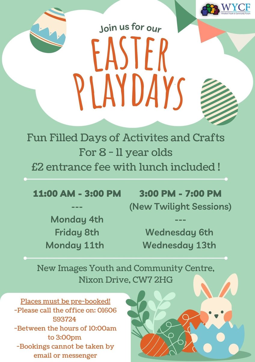 WinsOverVerdPol's tweet photo. Winsford Youth and Community Forum are running youth engagement sessions over the Easter Holiday period.
Their Play Days are to be  delivered over 3 days and 2 new twilight sessions, these sessions are for 8 - 11 year olds and offer lunch or tea.
Please see  flyers for details https://t.co/ofAIO6wS0z