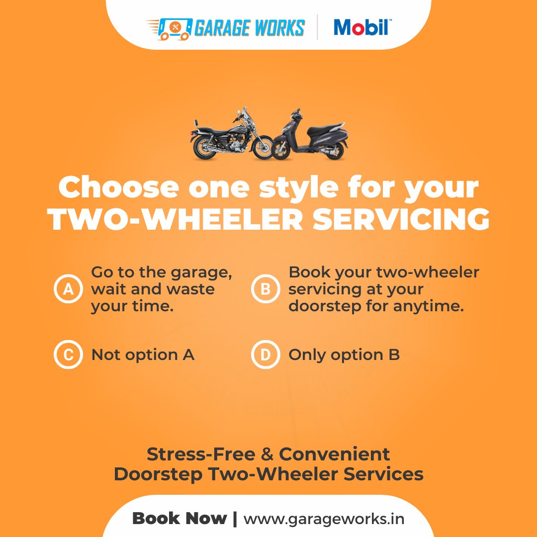 GarageWorks33's tweet photo. Considering convenience as the prime focus, which option will you choose?
Tell us in the comment section.
Get stress-free, trustworthy, and convenient two-wheeler services at your home!
Book Now
https://t.co/XUwxMn73ft
#garageworks #doorstepservice #twowheelerservices https://t.co/Ld72zHXoRZ